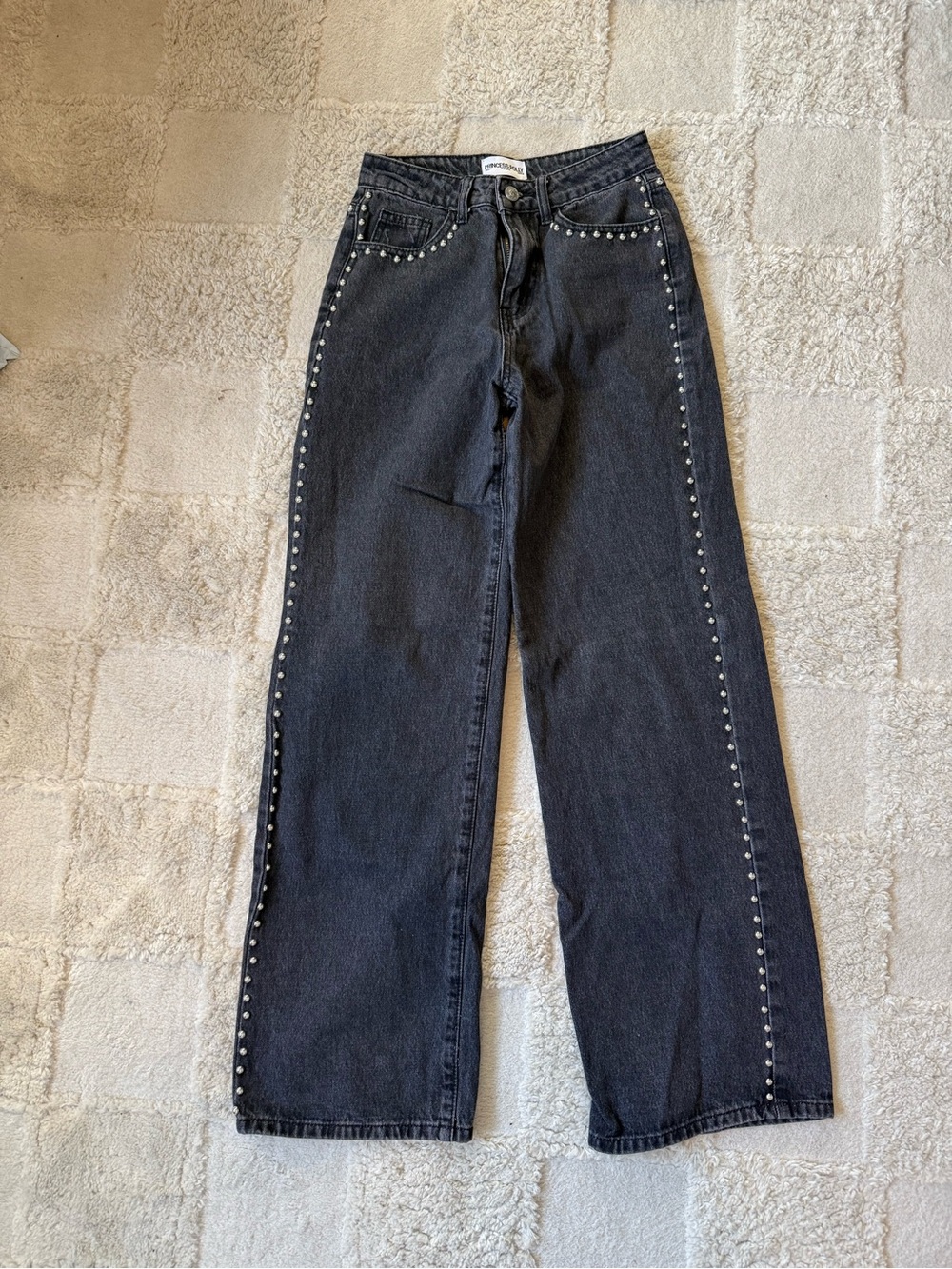 Princess Polly Black Straight Leg Jeans with Stud Trim